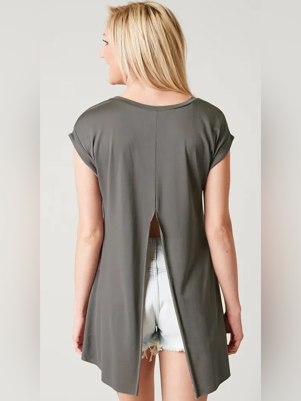 Gray High-Low Tunic with Split Back - Picture 2 of 6